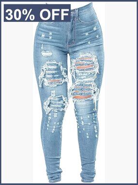 High Waist Plus Size Destroyed Skinny Jeans Stretch Denim Pants
